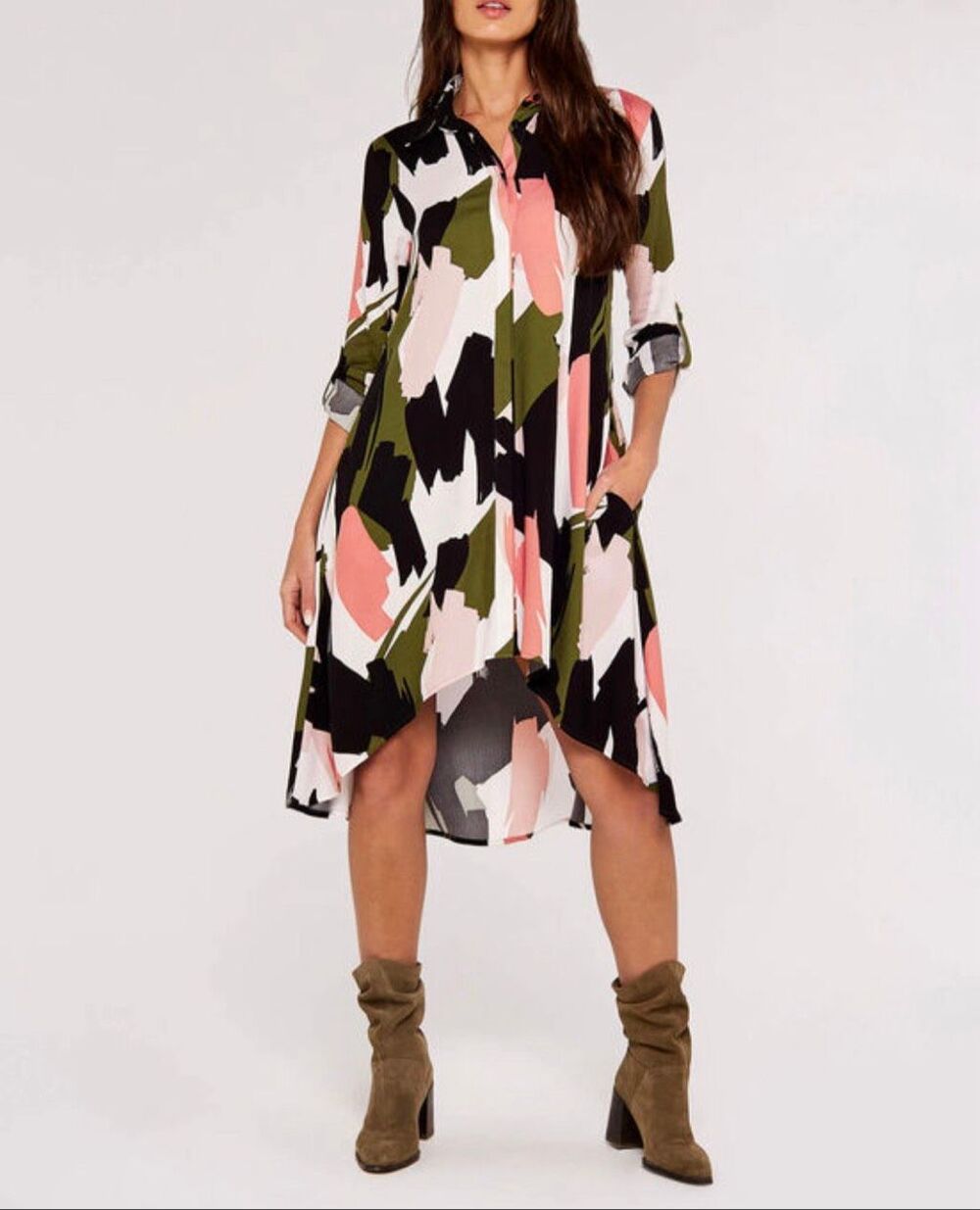 Apricot lane brushstroke print button down shirt dress size 6